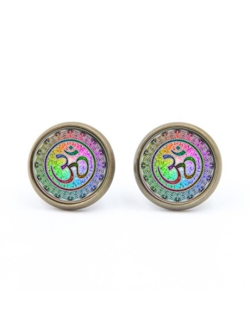 Aum Om Rainbow Mindfulness Zen Glass Cabochon Round Antique Bronze Stud Earrings